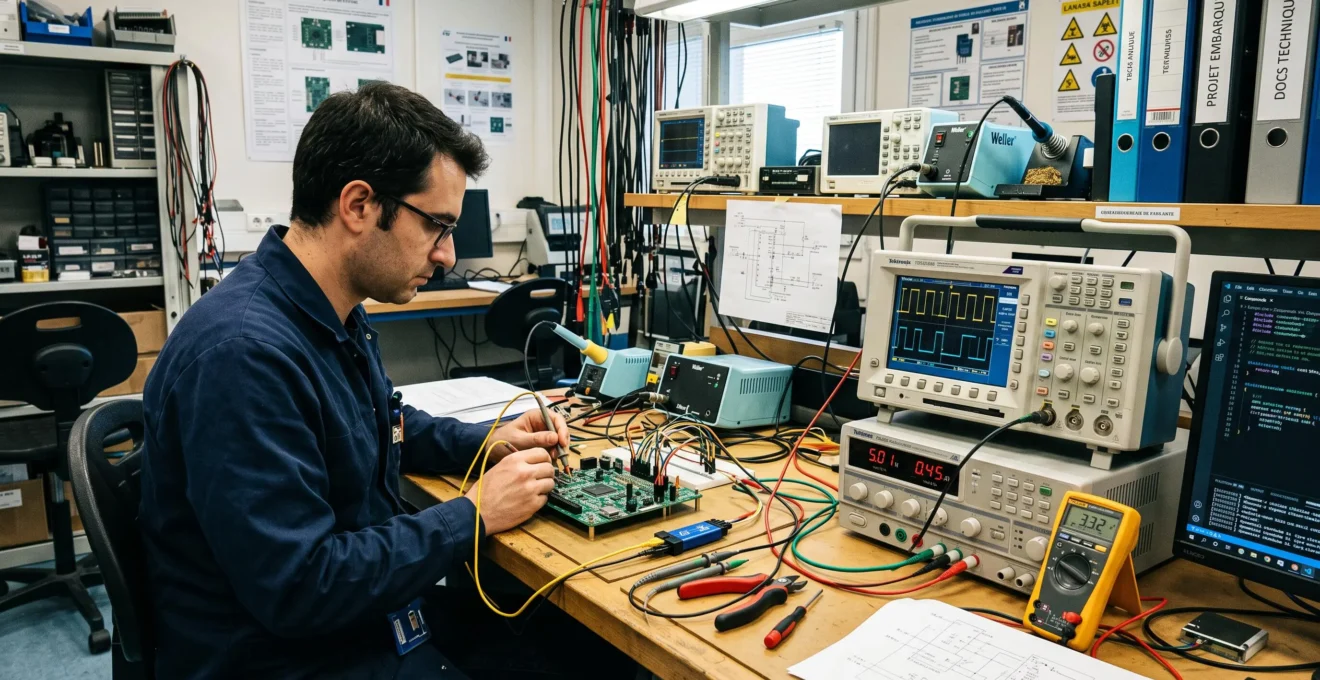 Engineer working at an embedded systems development station with oscilloscope and microcontroller board in electronics laboratory