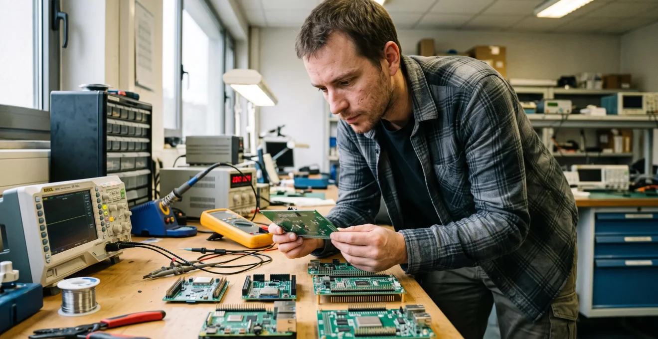 Electronics engineer examining and comparing multiple microcontroller development boards on a technical workbench