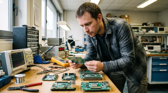 Electronics engineer examining and comparing multiple microcontroller development boards on a technical workbench