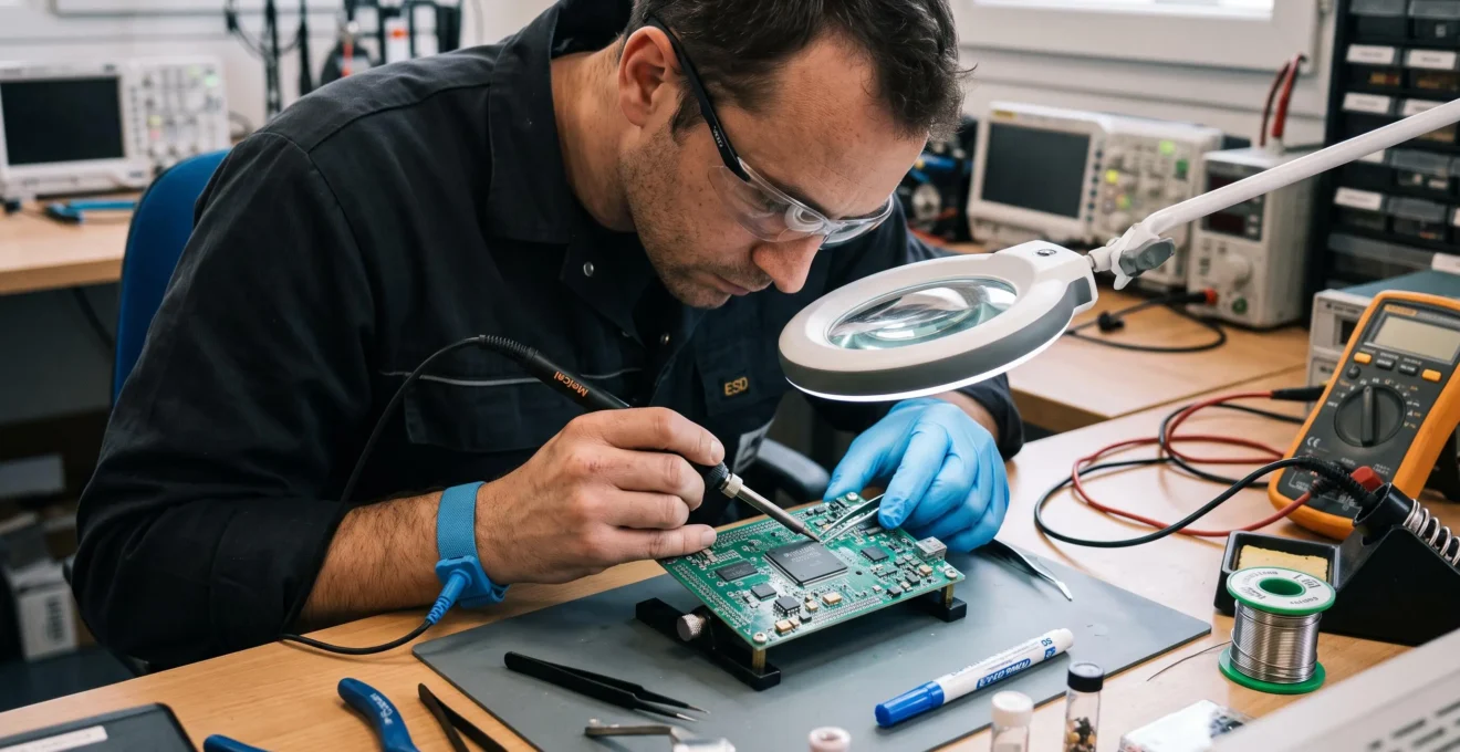 Technician performing precision soldering work on a prototype board with SOC component at an electronics assembly station