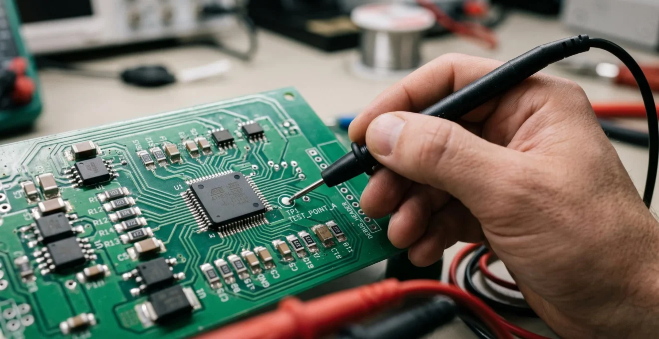 Close-up of an engineer's hand using a multimeter probe to test points on a microcontroller circuit board